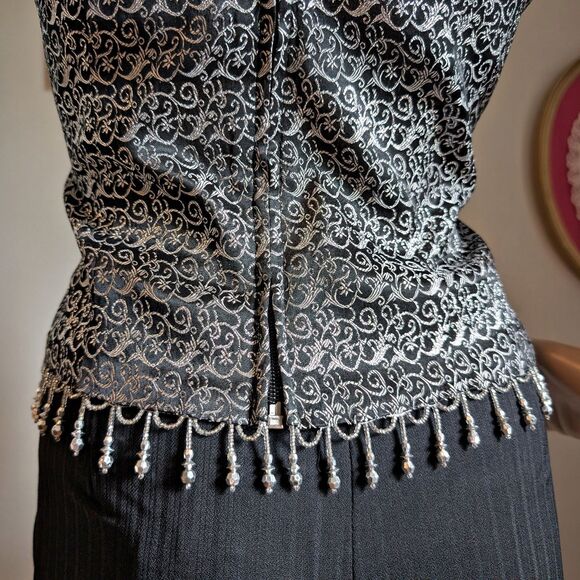 Vintage 90s Cachet Beaded Top Fringe Evening Cocktail Whimsigoth Silver Size 12 - Picture 5 of 12